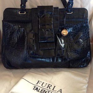 Furla Navy Desdemona Large Croco Leather Shopping Handbag EUC